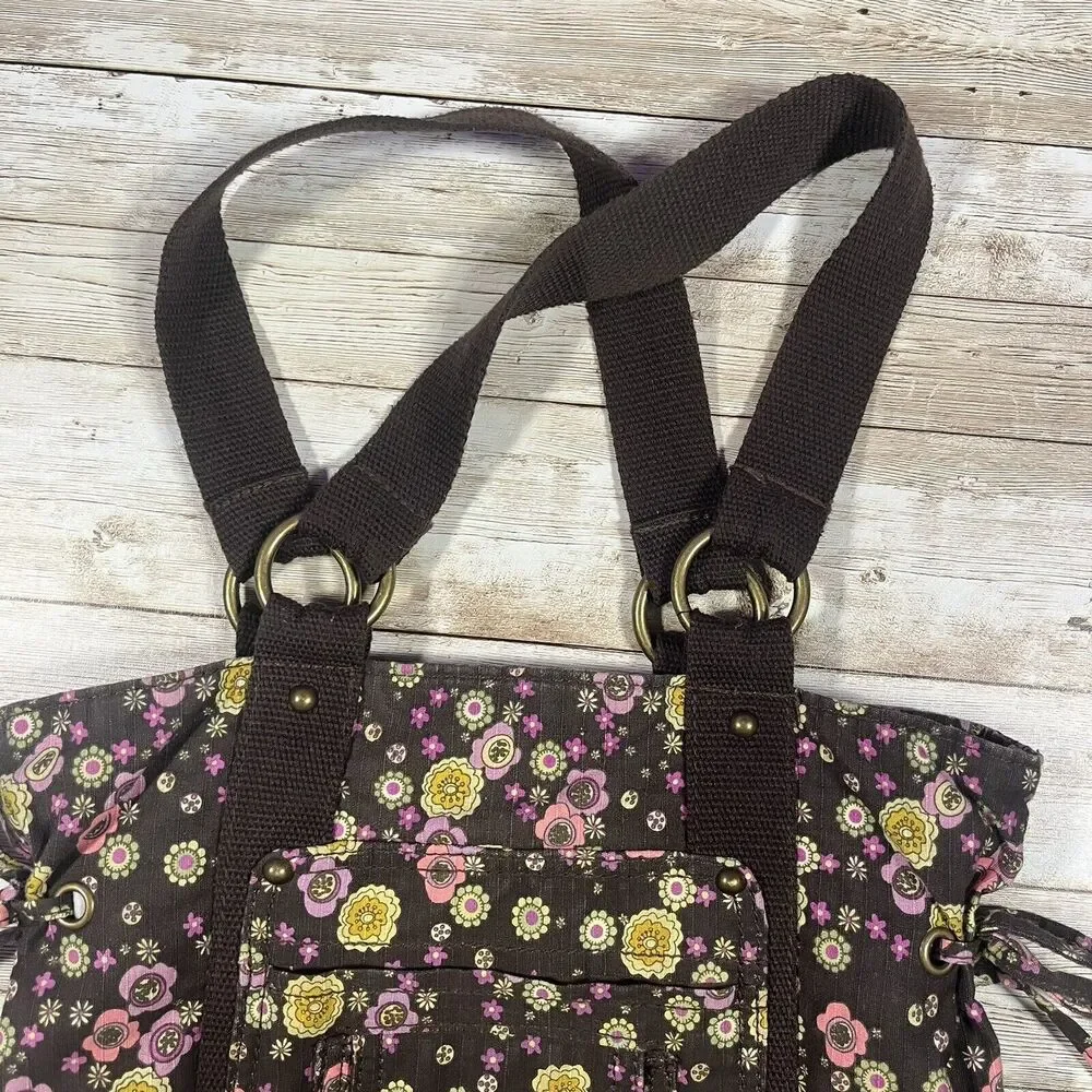 Everyday Shoulder Bag Brown Floral Button Closure, Boho, Cottagecore, Pockets